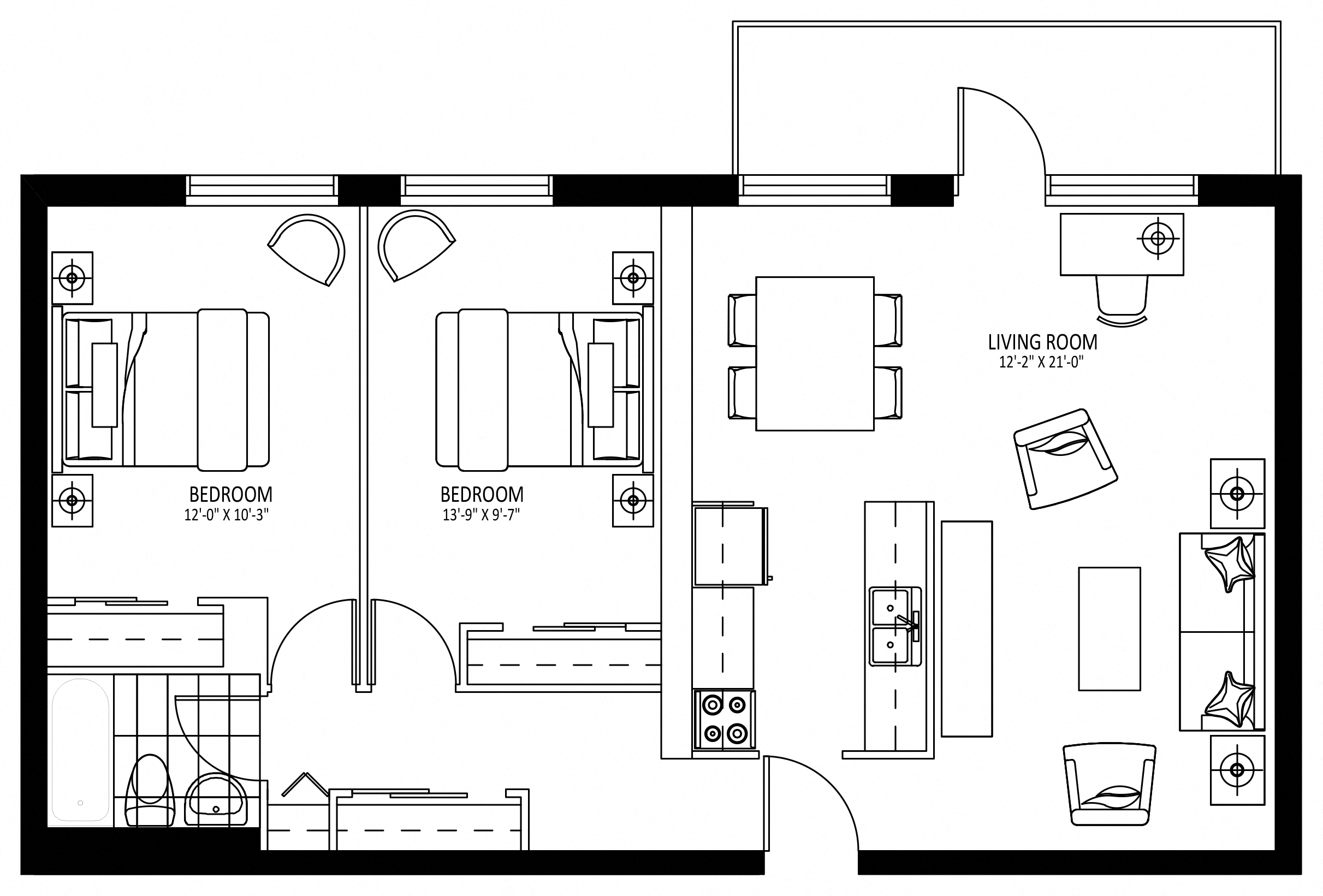 Floor plan for 2 beds, 1 bath, 930 sqft